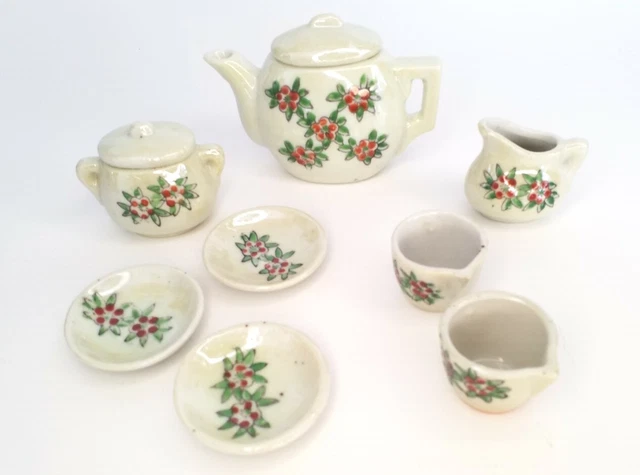 Miniature Tea Set tea cup saucers creamer sugar tea pot vintage