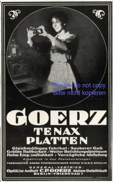 Goerz Tenax Platten Reklame von 1920 Kamera Fotografin Berlin Werbung Friedenau