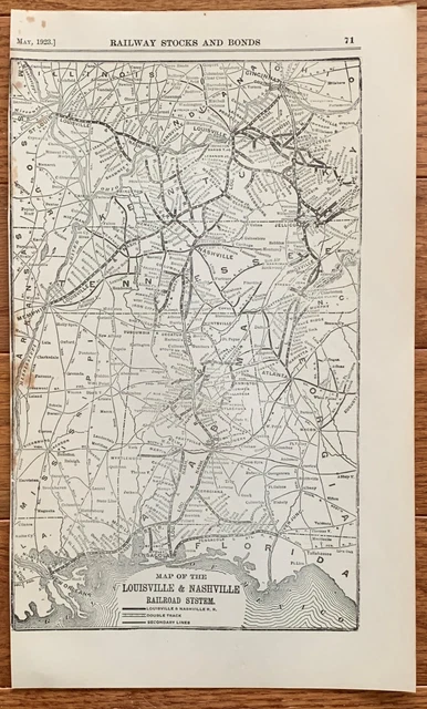 1923 Antique LOUISVILLE & NASHVILLE RAILROAD SYSTEM Map Vintage RAILWAY Map