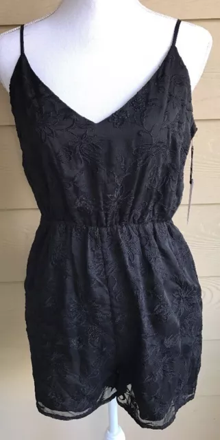 Lucca Couture Black Floral Embroidery Spaghetti Strap Lined  Romper  Size Small