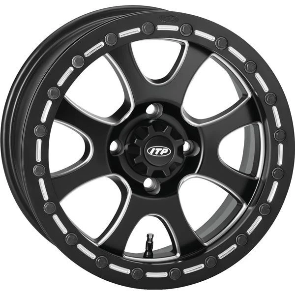 Black w/Machined 14x7, 4/137, 5+2 ITP Storm Series Tsunami Simulated Beadlock