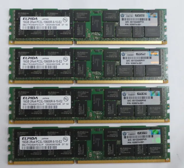 HP 64GB KIT (4 X 16GB)  PC3L-10600R Server RAM ECC RDIMM 628974-081 ELPIDA