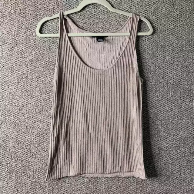 Ellen Tracy Womens Tank Top Large Beige Metallic Silk Blend Ribbed Sleeveless