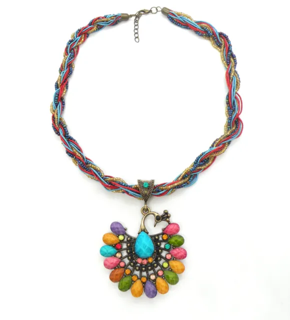 Peacock Multicolor Crytals Beaded Rope Women 17" Pendant Women Jewelry Necklace