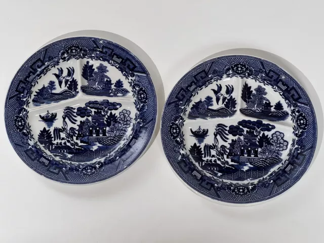 Pair of Vintage Moriyama Japan Porcelain Blue Willow Divided Grill Plates 10.5"