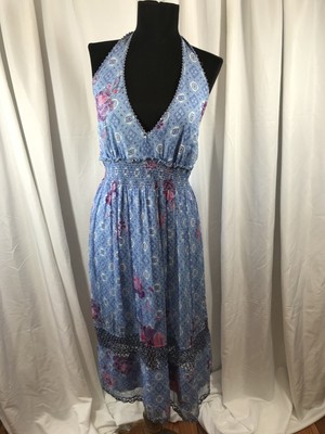 ECI New York Silk Crochet Trim Floral Tribal Bohemian Halter Top Dress sz 6 Cute