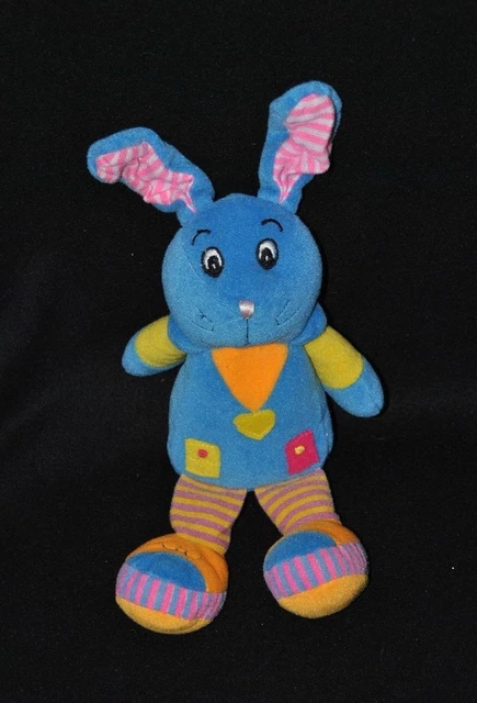 Peluche doudou lapin bleu orange jaune oreilles roses visage brodé 24/30 cm TTBE