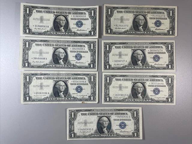 Lot of 7 STAR NOTE Silver Certificate $1 Blue Seal $1 Bill 1957, 1957A, 1935F