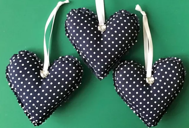 3 x LARGE VERY DARK BLUE WHITE DOTTY HANDMADE SHABBY CHIC HANGING FABRIC HEARTS