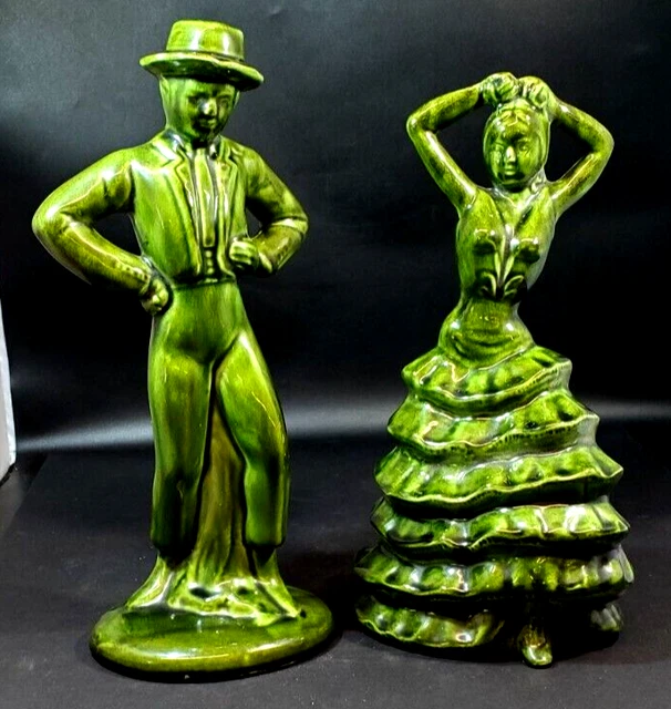 2 pcs. Vintage Ceramic Spanish Flamenco/Salsa Dancers Green 13"