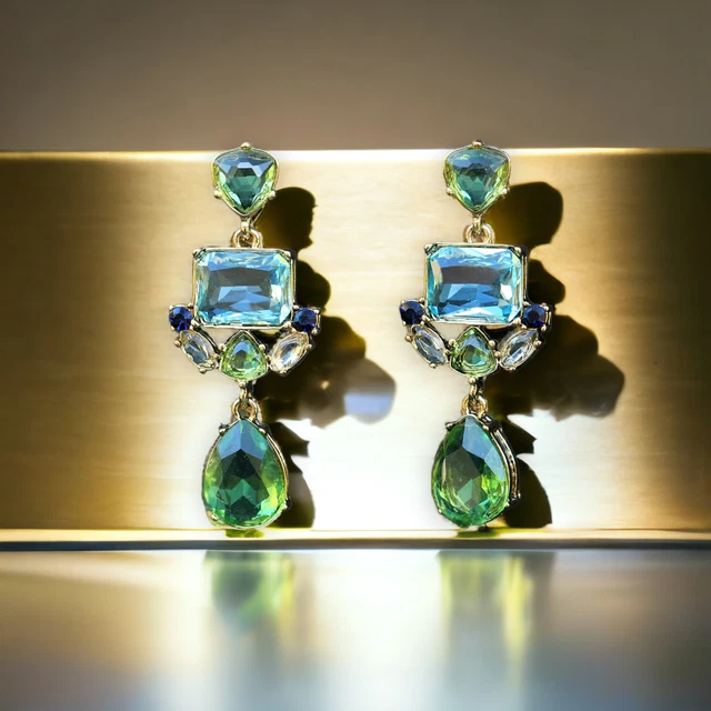 Boucles D'oreilles Dormeuse Doré Art Déco Avec Pierre De Lune Bleue Et CZ | Neuf Sans Emballage