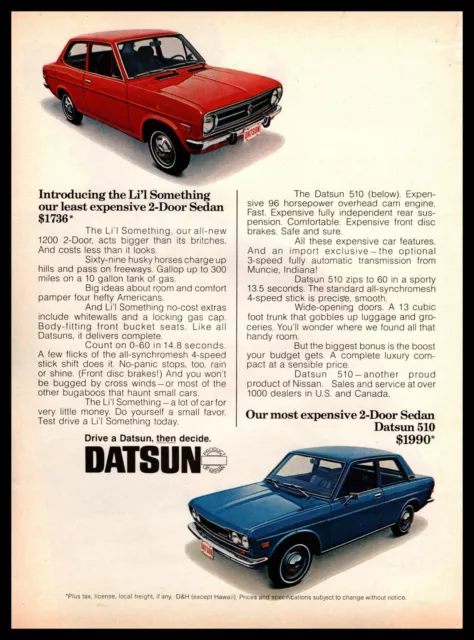 1970 Datsun 1200 2-Door Sedan $1736 And Datsun 510 2-Door Sedan $1990 Print Ad