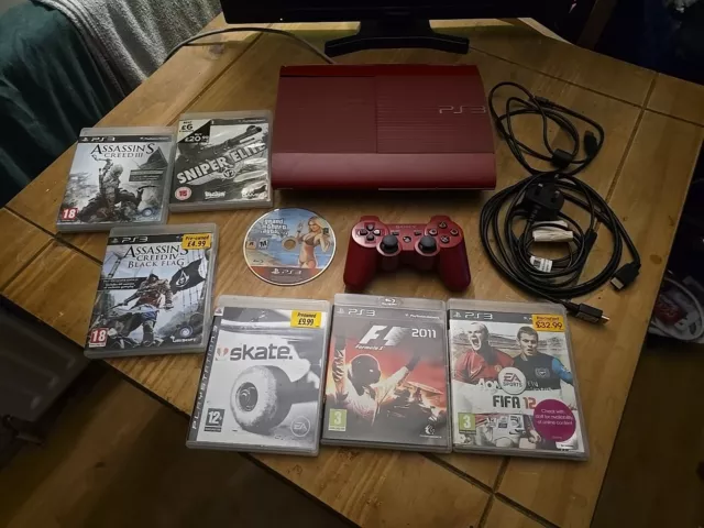 Sony PlayStation 3 PS3 Console Super Slim - Red 500gb - Unboxed & 7 Games