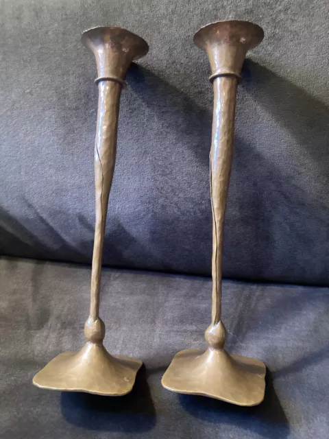 Beautiful Pair Hessel Studios Signed Hammered Copper Candleholders