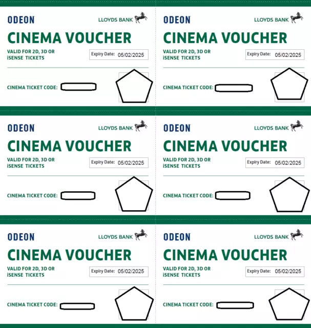 6 x Club Lloyds Odeon Cinema Tickets for iSense 2D 3D Films -  Expiry 5 Feb 2025