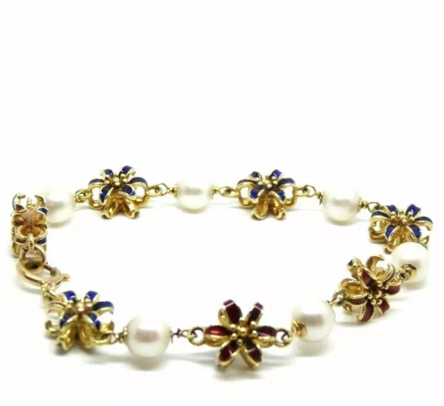 Bracelet Vintage Ans '60 Or Massif 18K Perles Naturelles Et Fleurs Avec Vernis