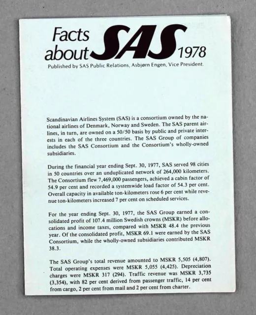 Sas Scandinavian Airlines System 1978 Facts About Airline Brochure