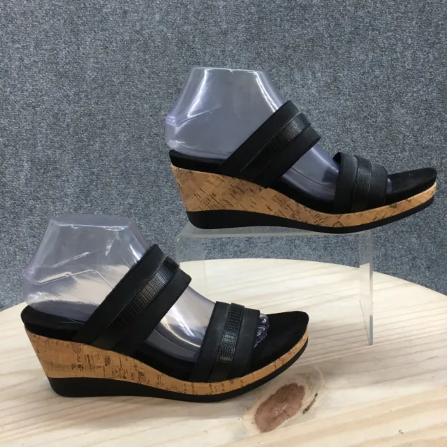 Yuu Sandals Womens 8.5M Gendey Slide Two Straps Wedge Heels Slip On Black Fabric