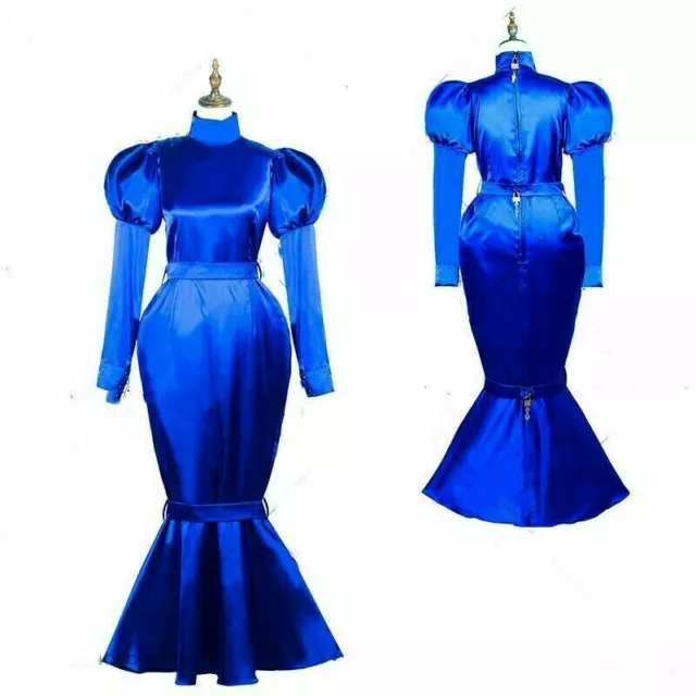 Blue Sissy Maid Satin Dress Lockable Uniform Cosplay Costume Tailor