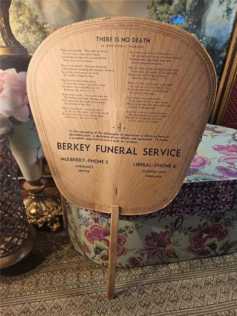 Vintage Paper Advertising Fan Wood Handle Berkey Funeral Service Hamburg PA