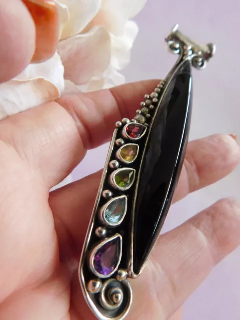 Vintage  Mexican Sterling Silver 925 Massive multi Gems Pendant Black Onyx  4"