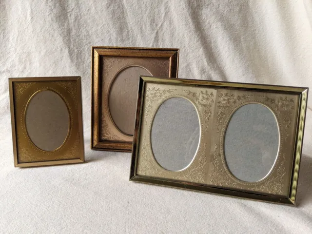 Lot of 3 Vintage Brass & Wood Picture Frames w/ Engraved Metal Mat