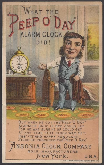 METAMORPHIC TRADE CARD ~ ANSONIA PEEP O’ DAY ALARM CLOCK ~ Donaldson Bros. ‘70s