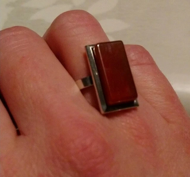 Bague Ancienne En Argent Et Agate Orange - Taille 55 Réglable - Poinçon Crabe