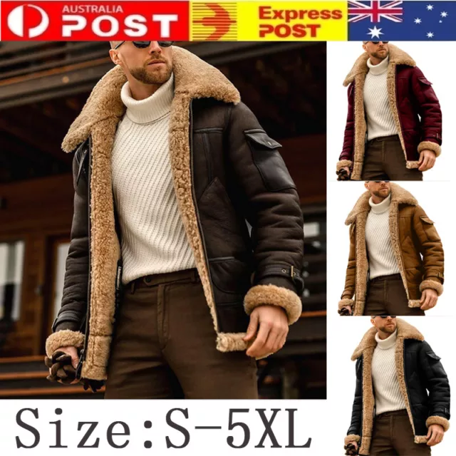 Men Winter Leather Bomber Jacket Warm Fur Suede Collar Biker Coat Outwear Tops