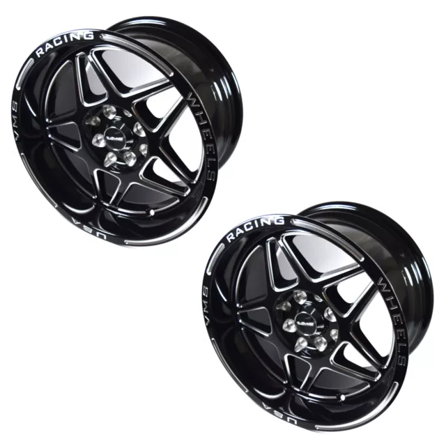 VMS Racing Delta 15X8 Black Polished Drag Rims Wheels 5X100 5X114 +20 5.3" BS x2