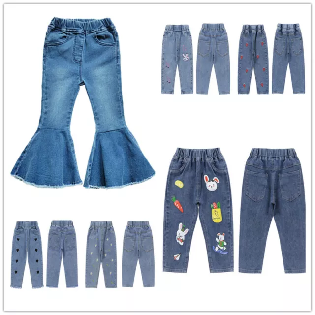 Toddler Girls Stylish Denim Jeans Bell Bottoms Pattern Print Long Pants Trousers