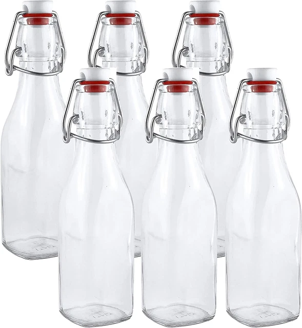 Swing Top Easy Cap Clear Glass Bottles, Round, 8.5 oz, Set of 6. Standard Size,