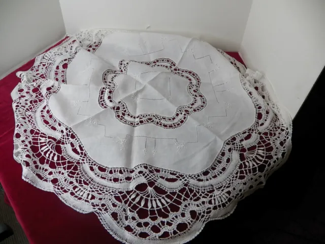 Beautiful Linen And Hand Made Lace Table Topper With Embroidery 30"