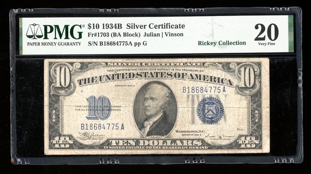 DBR 1934-B $10 Silver Vinson Fr. 1703 PMG VF-20 Serial B18684775A