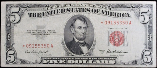 1953 A $5 Silver Certificate STAR Note - F/VF