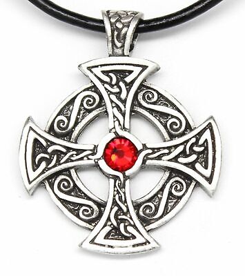 PEWTER Celtic SOLAR CROSS Druid Irish RUBY RED Crystal JULY Birthstone Pendant