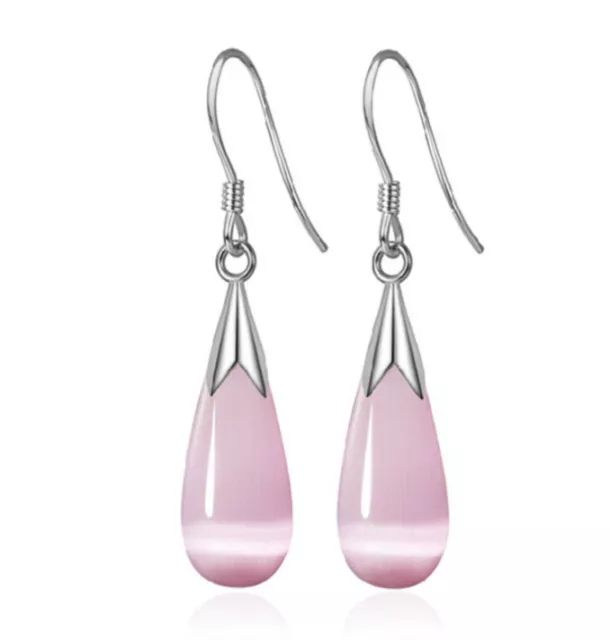 Women's 925 Sterling Silver Pink Opal Dress Teardrop Dangle Drop Hook Earrings 3