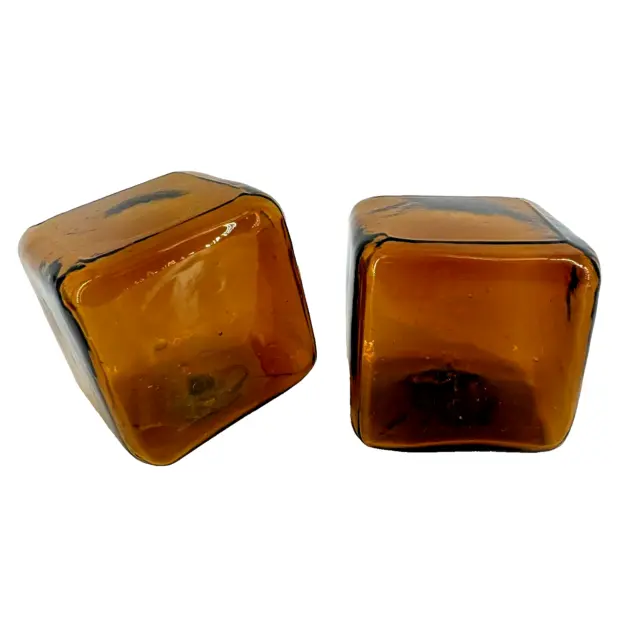 Pair VTG MCM Hand Blown Hollow Glass Cube 3" Square 1960's Art Glass Amber HTF