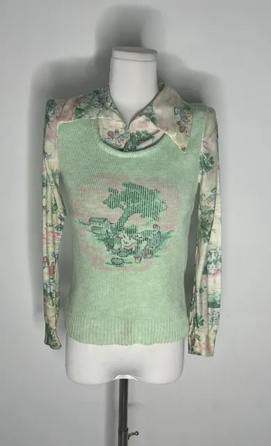 Vintage Mint Knit Sweater With Outdoors Scene Print Accents