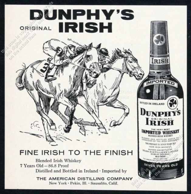 1961 Dunphy's Irish Whiskey bottle horse race art vintage print ad