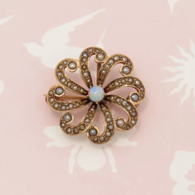 Antique Victorian 10k Rose Gold Starburst Fire Opal Seed Pearl Brooch Pin 3