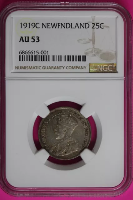 1919 C AU 53 Newfoundland 25 Cents Silver Coin NGC Graded Certified Slab 1497