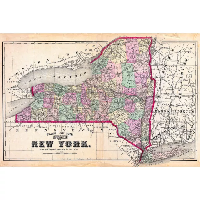 Beers Map of New York State, 1873, Semi-Metallic Gloss, 12" x 18"