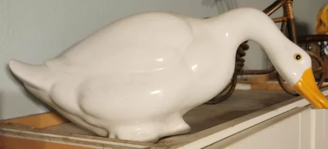 RARE Vintage Large Hand painted White Ceramic Duck/ Goose Bending Over Figurine