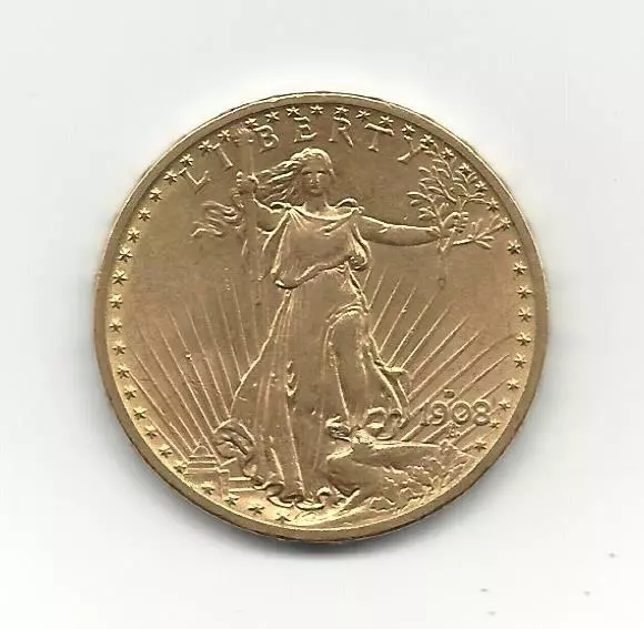 1908-D no motto  $20 GOLD SAINT GAUDEN DOUBLE EAGLE COIN