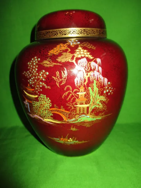 Large Crown Devon Art Deco Hand Painted Lustre Ginger Jar Red