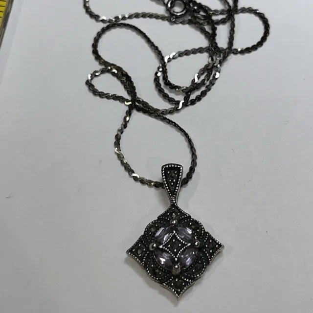 QVC Signed JC925 Sterling Silver Amethyst & Marcasite Pendant 17”Chain Necklace