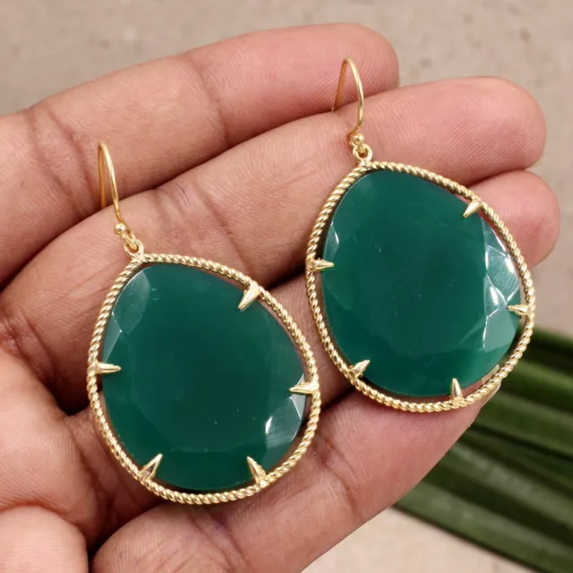 Solid 925 Sterling Silver Gold Plated Jewelry Green Onyx Gemstone Dangle Earring 2