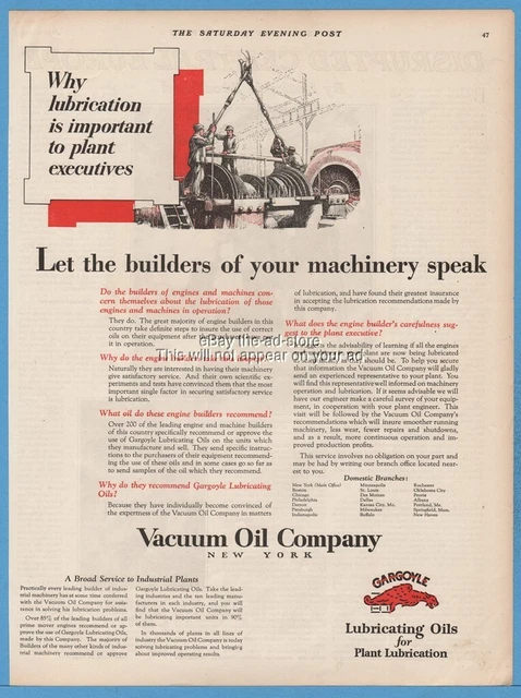 1924 Mobiloil Vacuum Oil Company Gargoyle Factory Machinery Lubrication Ad