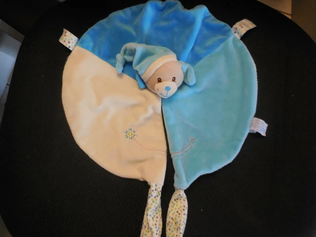 doudou plat rond chien bleu blanc cassé brodé fleur GIPSY (2 dispo)